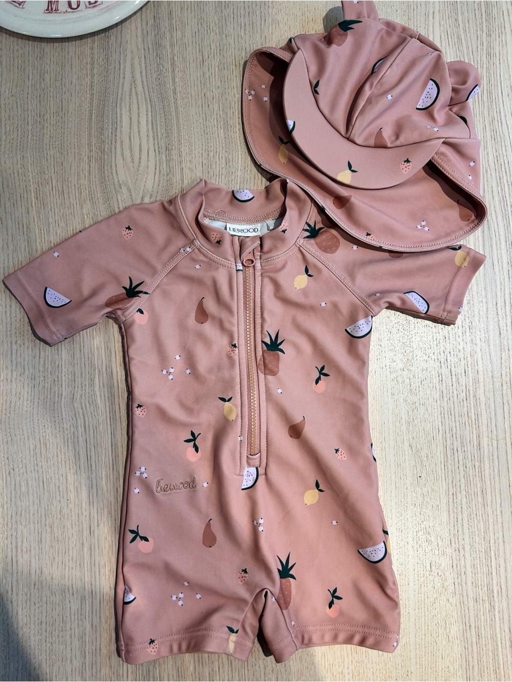 Liewood 3-6m Pink Fruit Print Rash Guard Swimsuit with Sun Hat